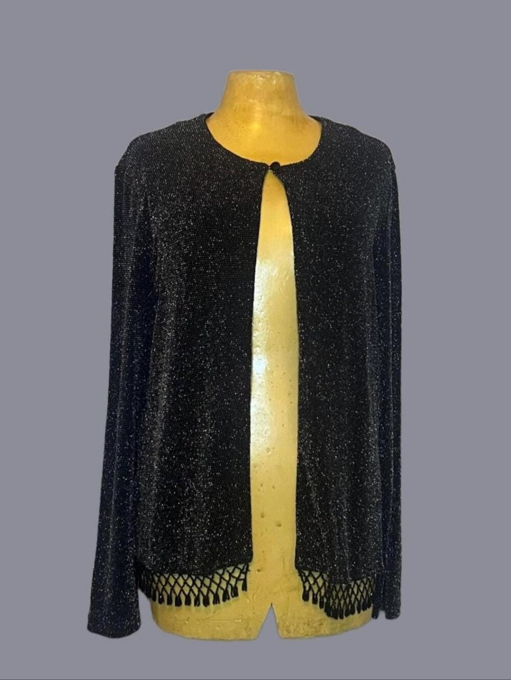 Dressbarn Black & Gold Shimmer Open Front Cardigan with Beaded Fringe - Small